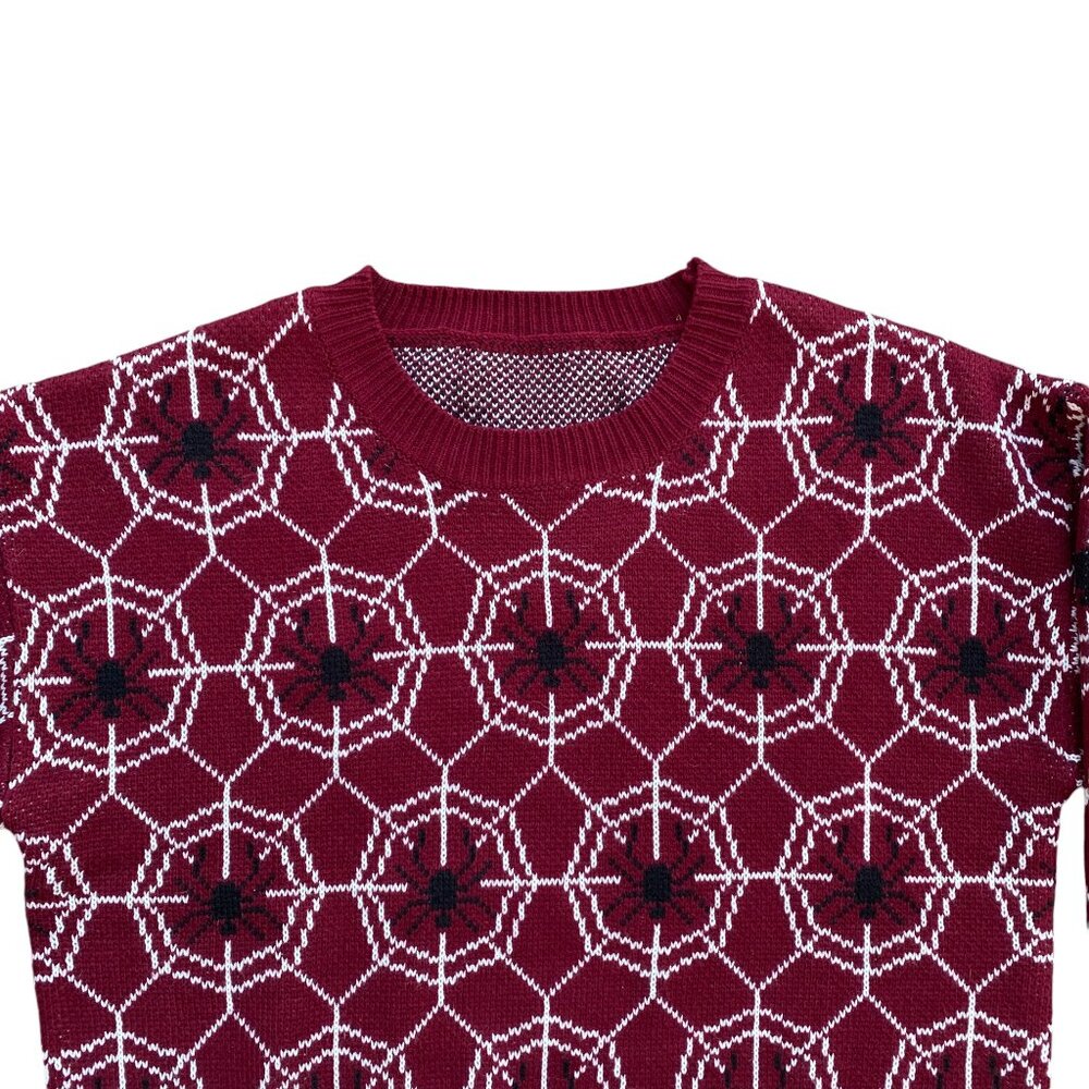 Burgundy Spider Web Oversized Halloween Sweater Novelty Print Goth Party-12